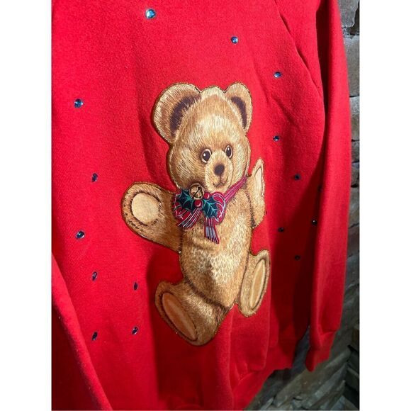 Sz L - Vintage 1990s Teddy Bear Christmas Bedazzled Sweatshirt Crewneck Red - Picture 2 of 6